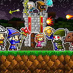Retro Defenders: Towers' War Personnages pixélisés en tenue médiévale et monstres devant un château sous un ciel étoilé