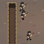 Illustration de ninjas escaladant des parois rocheuses dans un jeu vidéo