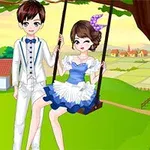 Un couple en tenue élégante se tient sous un arbre, avec la fille sur une balançoire devant un paysage champêtre