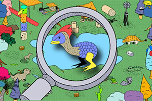 Illustration colorée dun dodo dans un œil de microscope entouré de multiples objets et animaux dispersés