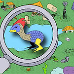 Illustration colorée dun dodo dans un œil de microscope entouré de multiples objets et animaux dispersés