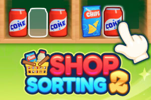 Interface de jeu Shop Sorting 2 avec des icônes de canettes de boisson et de chips, un panier, et un curseur de clic