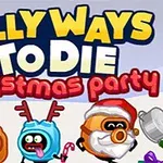 Logo coloré Silly Ways to Die Christmas Party avec des personnages de dessins animés festifs