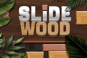 Logo « SLIDE WOOD » en lettres 3D sur fond de parquet sombre, entouré de feuilles tropicales et de blocs en bois