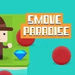 Personnage de jeu vidéo style pixel art en costume avec chapeau sur un plateau vert, logo Smove Paradise et gemme bleue, esthétique minimaliste