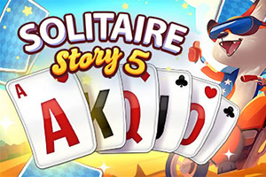 Publicité colorée pour le jeu Solitaire Story 5 avec des cartes à jouer et un renard portant des lunettes de soleil