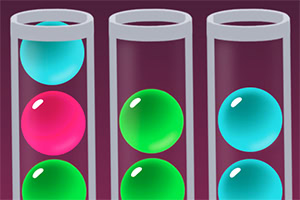 Trois tubes à essai remplis de billes colorées en bleu, rose, et vert sur fond violet