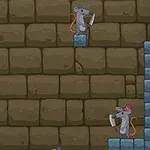 Chauve-souris et souris dans un jeu vidéo de style cartoon avec des murs de briques et des blocs de glace