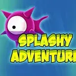 Logo du jeu Splashy Adventure avec un personnage rose à un œil et des pointes, entouré de pièces dor