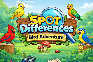 Illustration colorée de quatre oiseaux autour d’un panneau « Spot Differences Bird Adventure » dans une forêt verdoyante