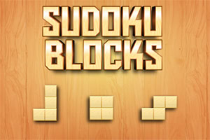 Texte Sudoku Blocks en lettres géométriques dorées sur fond de bois avec des formes de blocs en dessous