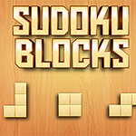 Texte Sudoku Blocks en lettres géométriques dorées sur fond de bois avec des formes de blocs en dessous