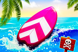 Planche de surf rose stylisée bondissant sur une vague tropicale avec palmiers et panneau pirate