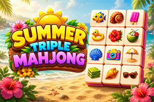 Logo coloré « Summer Triple Mahjong » sur une plage tropicale, entouré de fleurs, avec des tuiles illustrées de fruits, coquillages et accessoires d’été