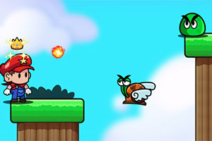 Personnage de jeu vidéo style rétro avec casquette rouge et cape, tirant une boule de feu sur un ennemi volant sur fond de ciel bleu et nuages