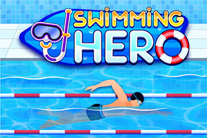 Nageur en crawl dans une piscine avec lunettes, bouée de sauvetage et texte « Swimming Hero »