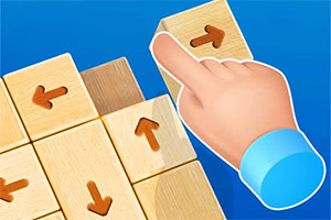 Main appuyant sur une tuile en bois avec flèche, parmi un puzzle de blocs directionnels sur fond bleu