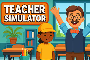 Illustration colorée d’une salle de classe avec un professeur souriant levant les bras, un élève en casquette jaune et le texte « Teacher Simulator »