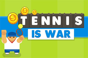 Un personnage cartoon de tennis avec une raquette et des pièces autour, devant un fond coloré avec le texte Tennis is War
