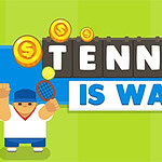 Un personnage cartoon de tennis avec une raquette et des pièces autour, devant un fond coloré avec le texte Tennis is War