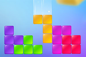 Bloc de couleurs de style jeu Tetris en 3D avec fond dégradé bleu et jaune