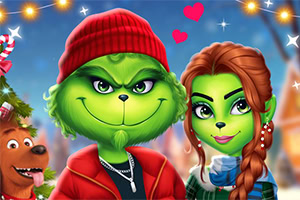 Le Grinch en bonnet rouge et une femme Grinch verte célébrant Noël, entourés de lumières festives et d’un chien joyeux