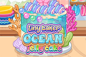 Gâteau cartoon coloré décoré de vagues bleues, coquillages, coraux et bonbons, avec le texte « tiny baker ocean jelly cake »