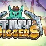 Logo du jeu Tiny Diggers avec un personnage cartoon chat vert portant un chapeau de cowboy et tenant deux pelles