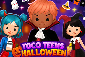 Trois personnages costumés pour Halloween avec citrouille, fantôme, chauve-souris et décor violet festif