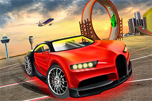 Voiture de sport rouge sur une piste d’aéroport avec un avion, une rampe en boucle et des gratte-ciel en arrière-plan