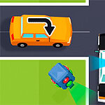 Illustration dune intersection avec une voiture de police, une ambulance et une voiture, vue de dessus