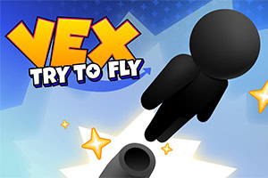 Personnage noir stylisé volant au-dessus d’un canon, sur fond bleu avec étoiles et logo coloré « VEX Try to Fly »