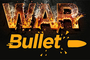 Logo graphique WAR Bullet avec effets de feu et fond sombre