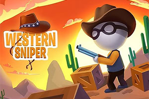 Personnage de dessin animé de tireur délite dans un décor de western avec des cactus, sous le titre Western Sniper