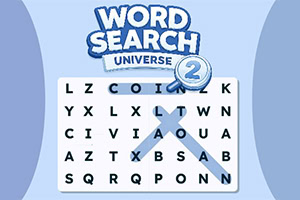 Logo « Word Search Adventure 2 » au-dessus d’une grille de lettres avec une loupe bleue sur fond bleu clair