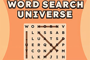 Affiche orange avec le titre « WORD SEARCH UNIVERSE » et une grille de lettres contenant des mots reliés par des lignes