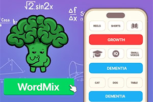 Illustration d’un cerveau cartoon avec interface mobile d’apprentissage sur fond violet et bouton vert « WordMix »