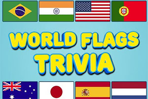 Drapeaux de différents pays sur fond bleu avec le texte World Flags Trivia au centre