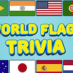 World Flags Trivia Drapeaux de différents pays sur fond bleu avec le texte World Flags Trivia au centre