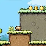 Yoshi et un Goomba dans un niveau de jeu vidéo de plateforme avec des pièces flottantes