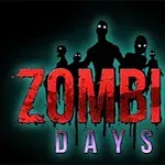 Silhouettes de zombies avec des yeux brillants sur un fond sombre avec le titre Zombie Days en rouge