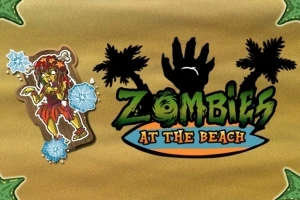 Logo de jeu avec zombie en bikini, titre Zombies At The Beach et silhouettes de palmiers sur fond sablonneux